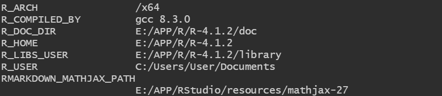 R環境參數示範。示範者有作業系統最高管理權限，所以除了R_USER，其他參數都指向最新版R安裝路徑。